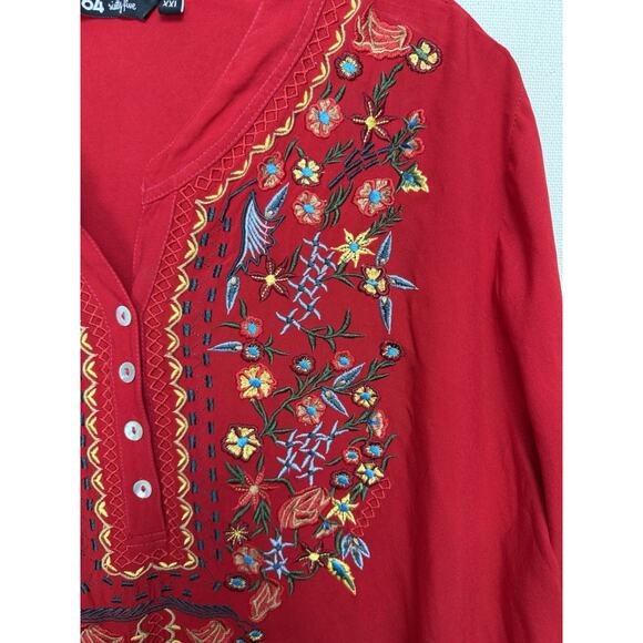 64 Sixty-Five XXL Red Embroidered Top Boho Blouse V-neck Tunic Long Full Sleeves - Picture 13 of 16